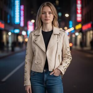 Disney Princess Coco Rocha Moto Jacket Quilted Faux Leather Blush Size S Used